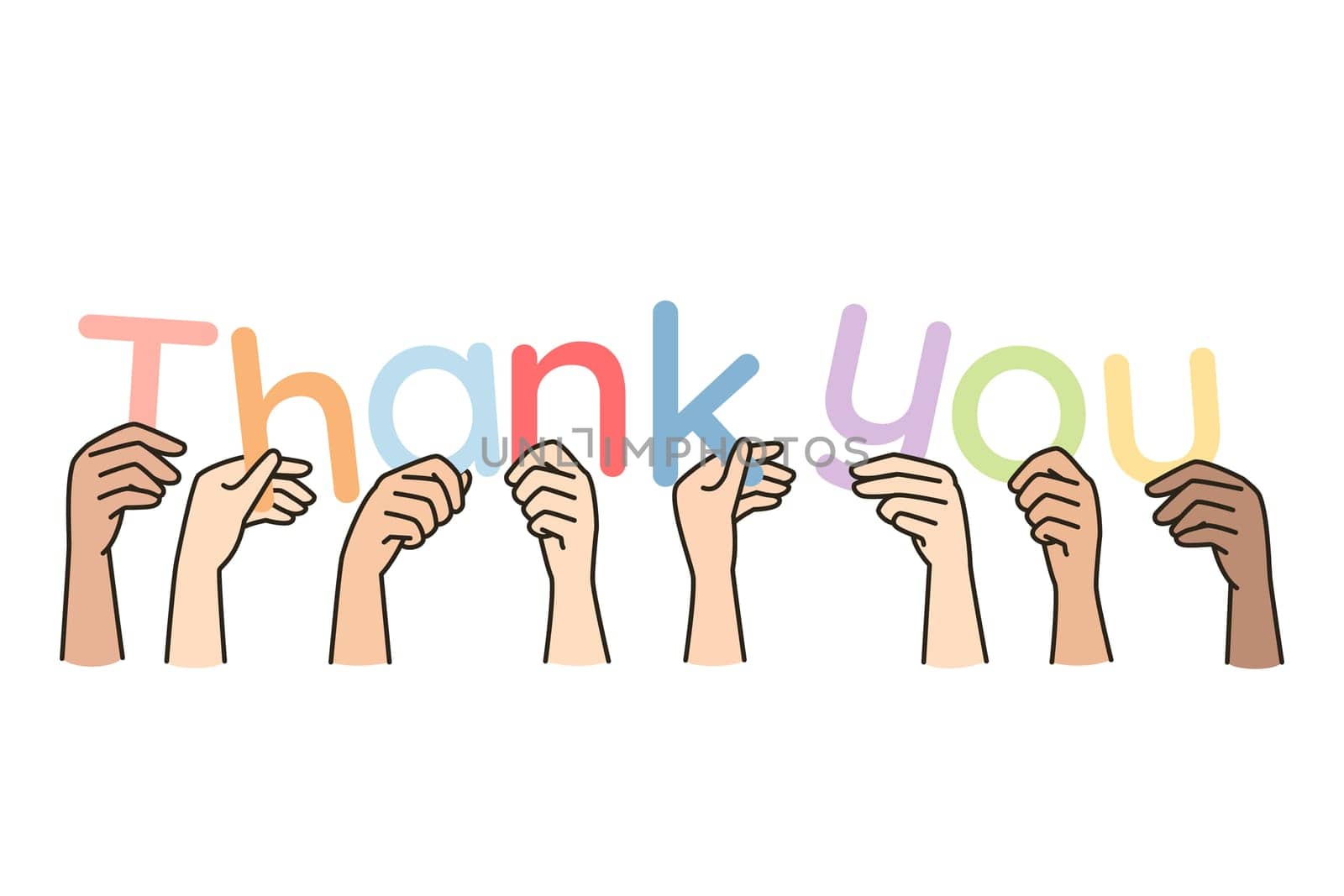 Hands of people with different skin colors hold letters forming phrase Thank you. Multicultural arms, palms making lettering about gratitude, appreciation. Vector minimalistic modern isolated design.
