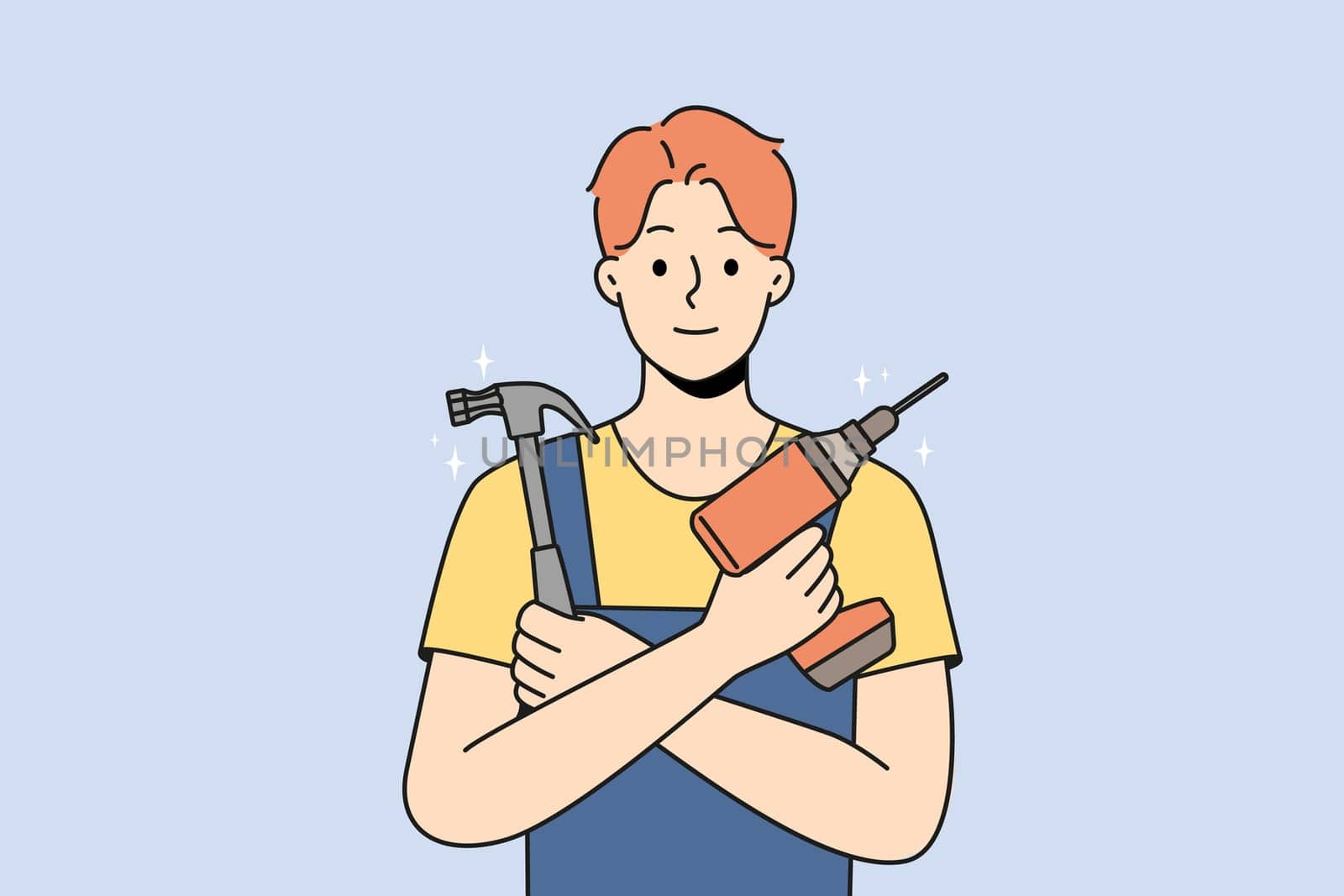 Smiling young male mechanic in uniform holding repairing tools in hands. Happy repairman or engineer with drill and hammer ready for fix. Vector illustration.