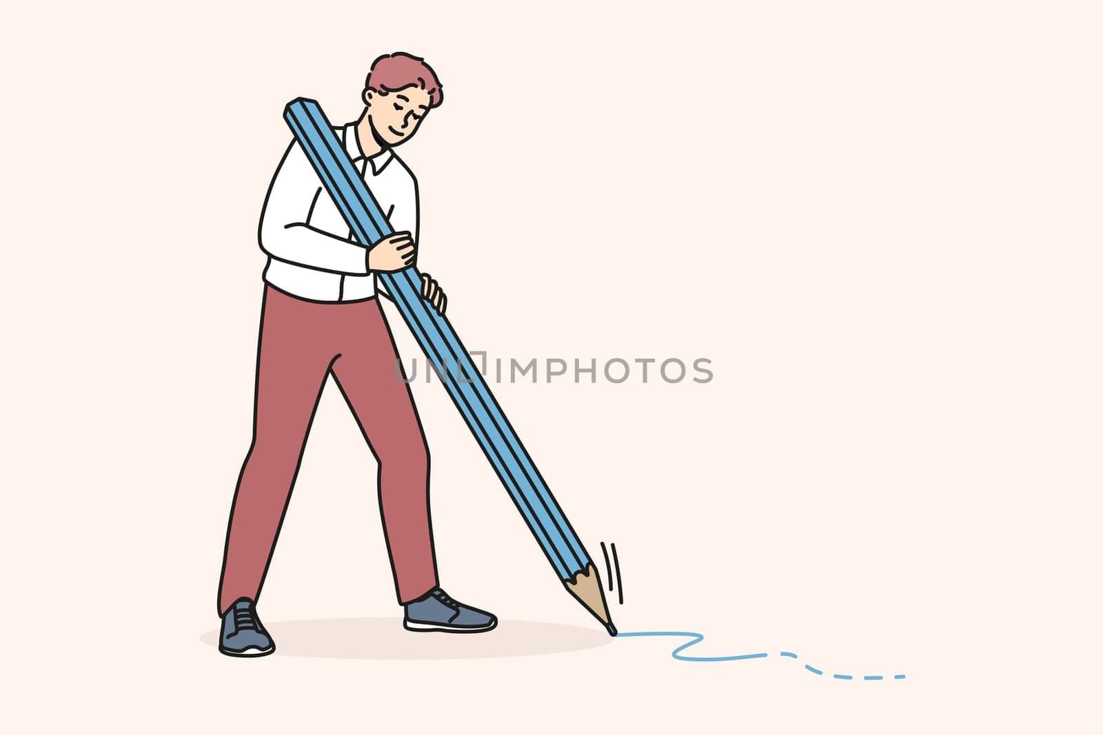 Happy young man with huge pencil drawing or taking notes. Smiling male writing or painting. Writer or journalist occupation. Vector illustration.