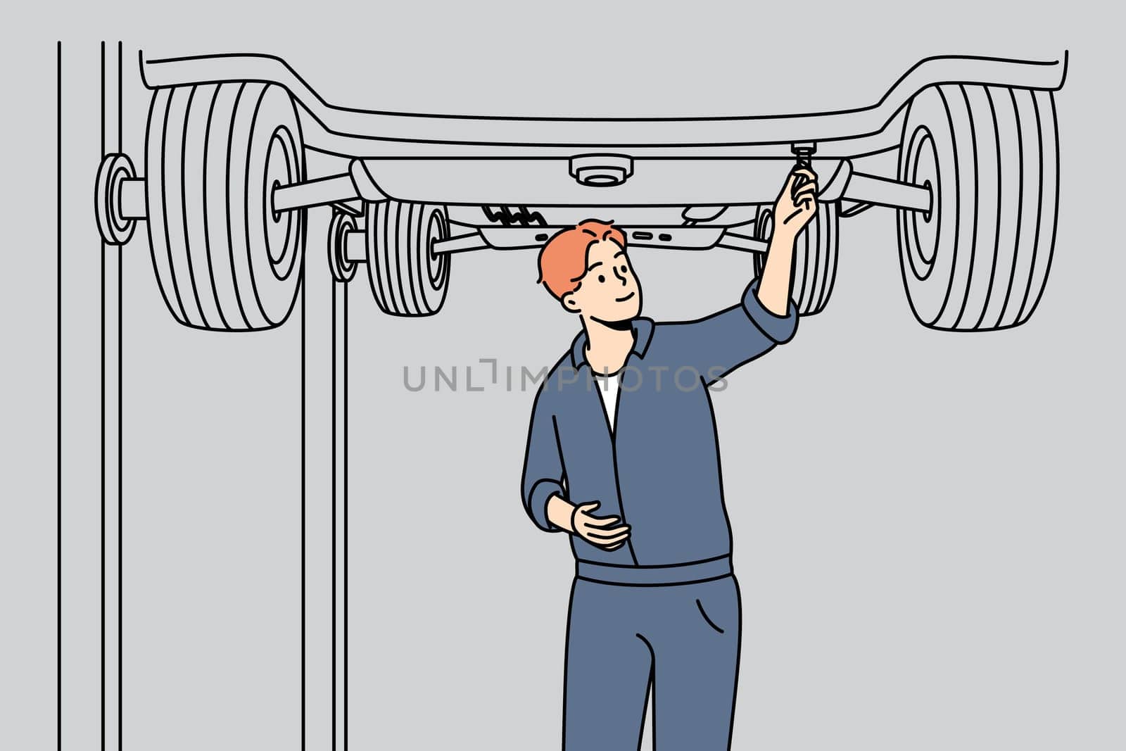Automobile mechanic working under lifted car. Repairman doing repair, maintenance underneath auto in garage. Serviceman checking vehicle. Worker changing tires. Vector linear colored illustration.