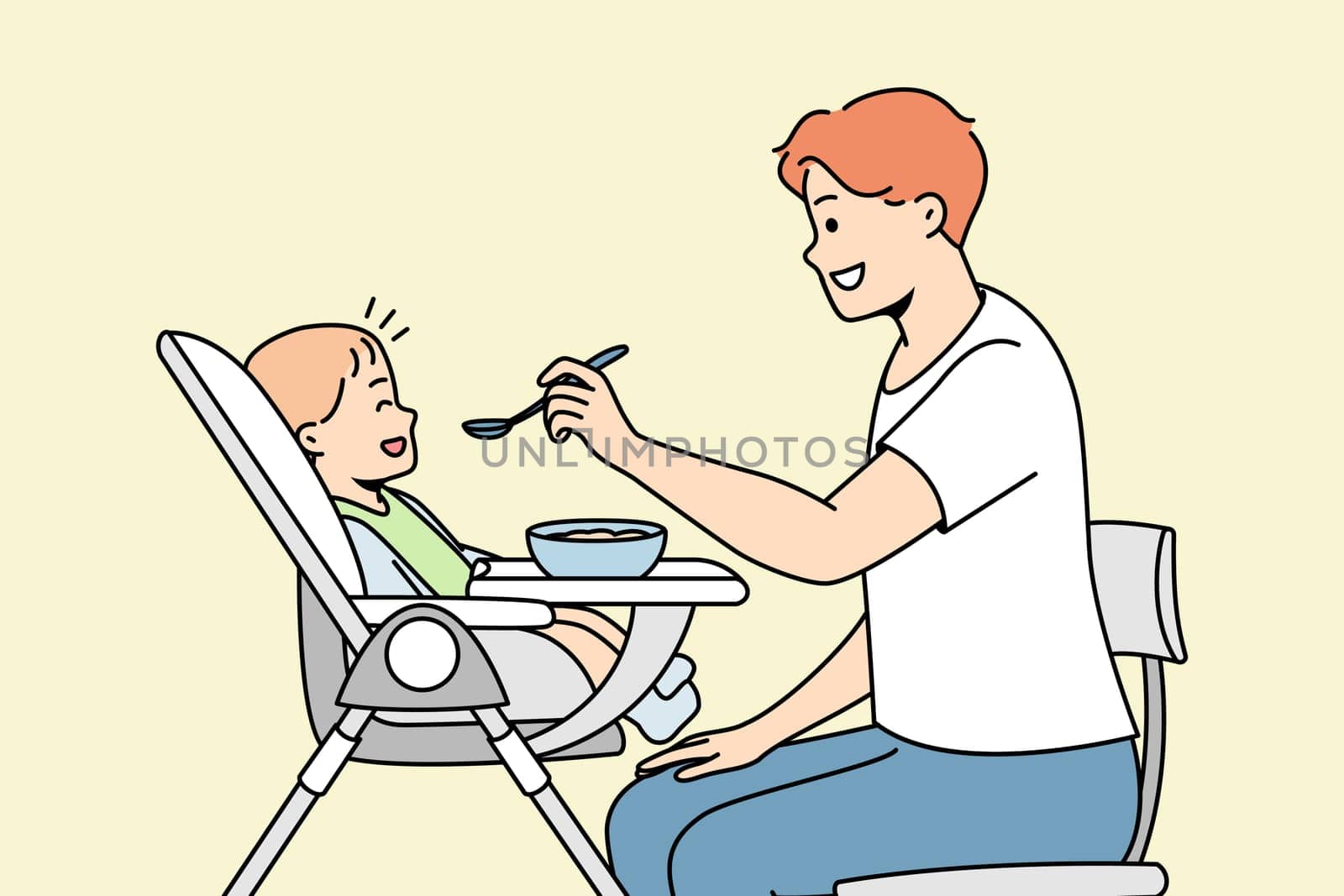 Young dad feeds baby sitting in highchair from spoon. Happy fatherhood. Man gives food to his little son. Love in family, care for toddler. Vector contour line colorful illustration.