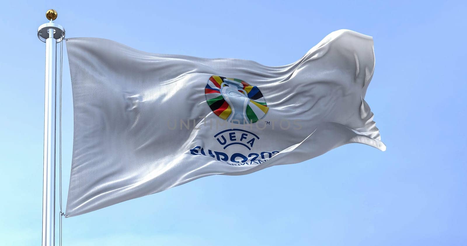 Berlin, DE, October 2022: The flag of UEFA Euro 2024 flying. The 17th edition will take place from 14 June to 14 July 2024 in Germany. Selective focus. International football event.
