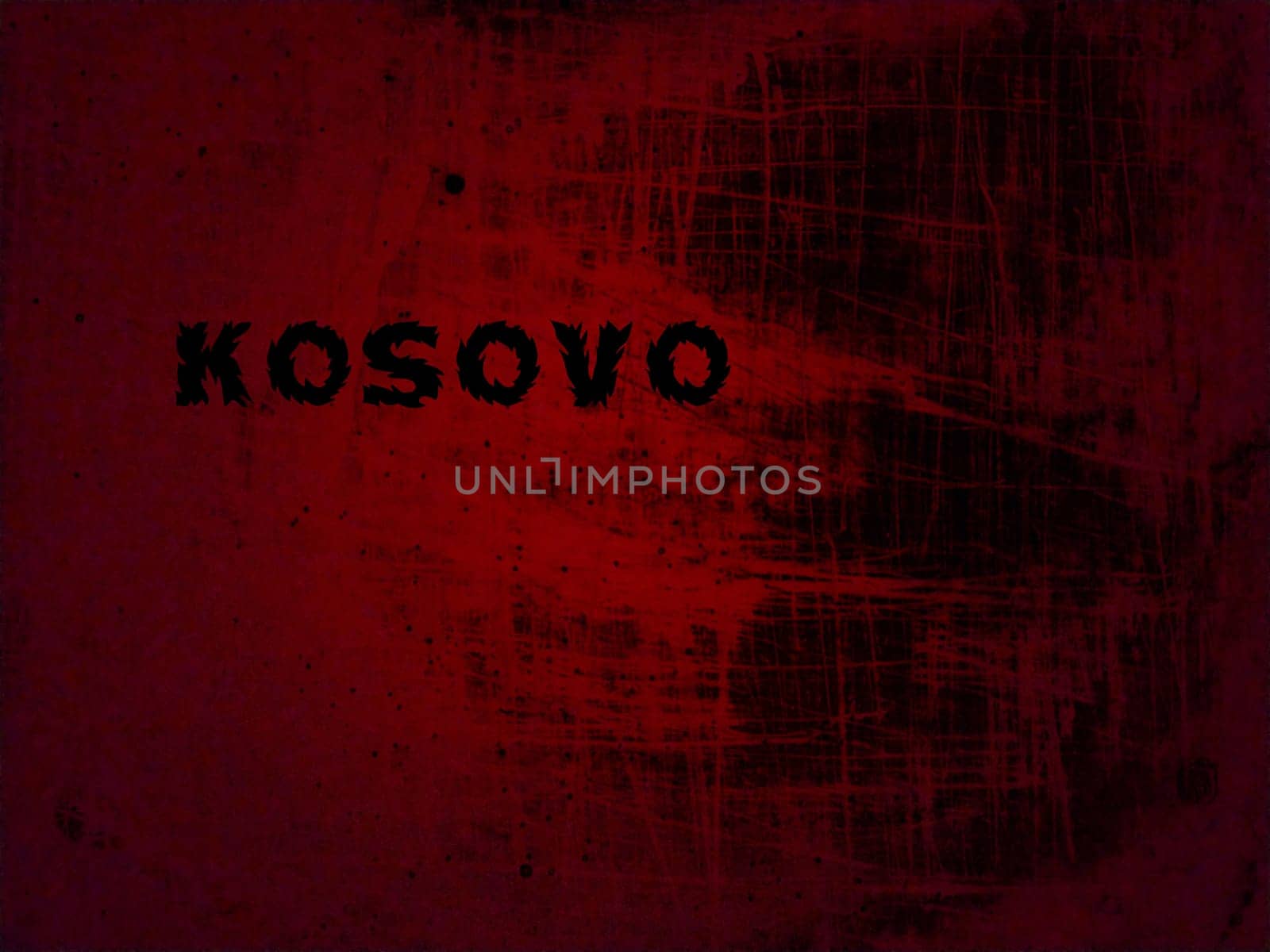 Kosovo inscription on a red-black background. Blood shade. The Republic of Kosovo is a partially recognized state in the Balkans, or part of Serbia. Concept of armed conflict, politics and separatism