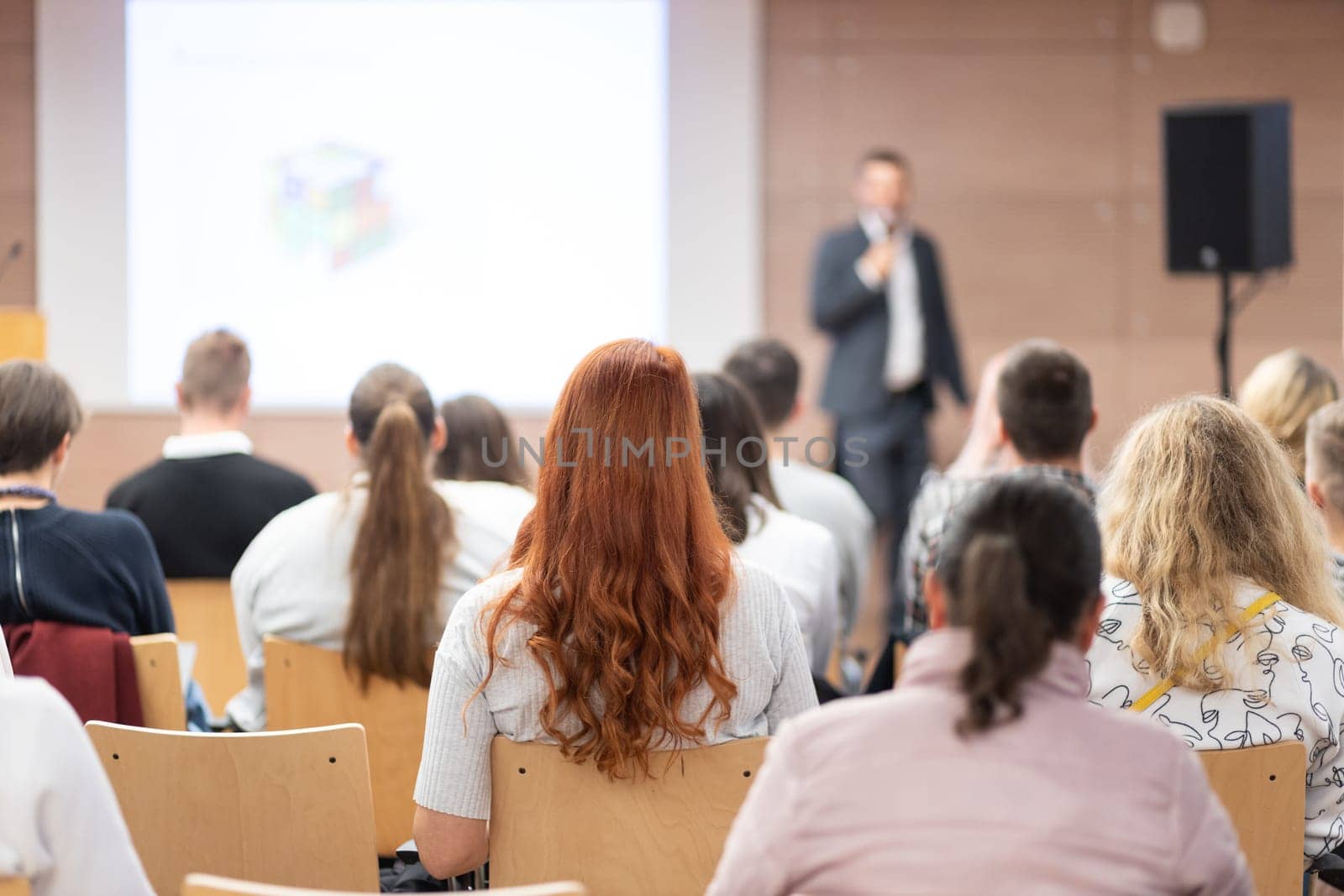 Speaker giving a talk in conference hall at business event. Rear view of unrecognizable people in audience at the conference hall. Business and entrepreneurship concept