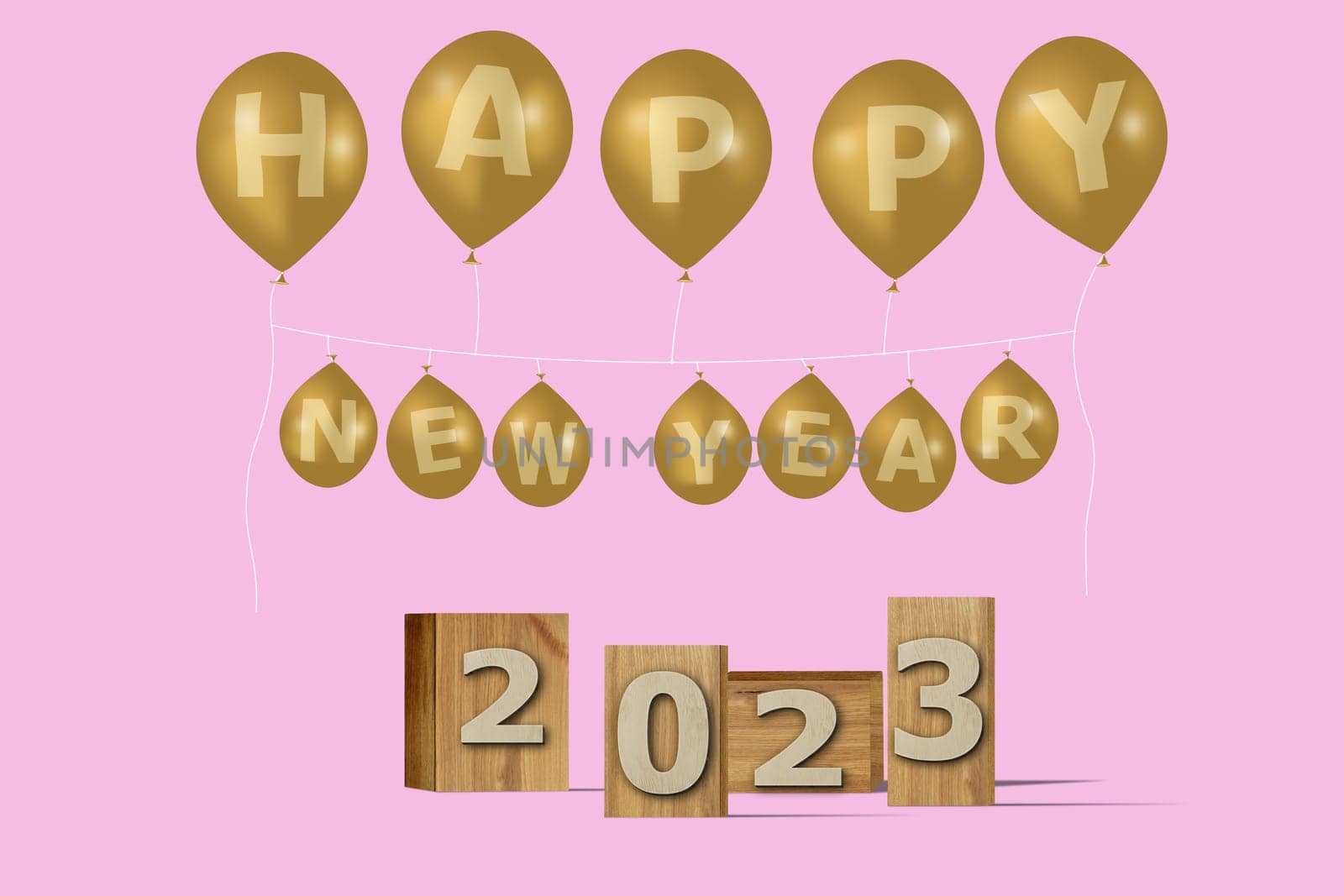 3D illustration New Year concept 2023 design with text on the wooden box and balloons on a pirouette color background.