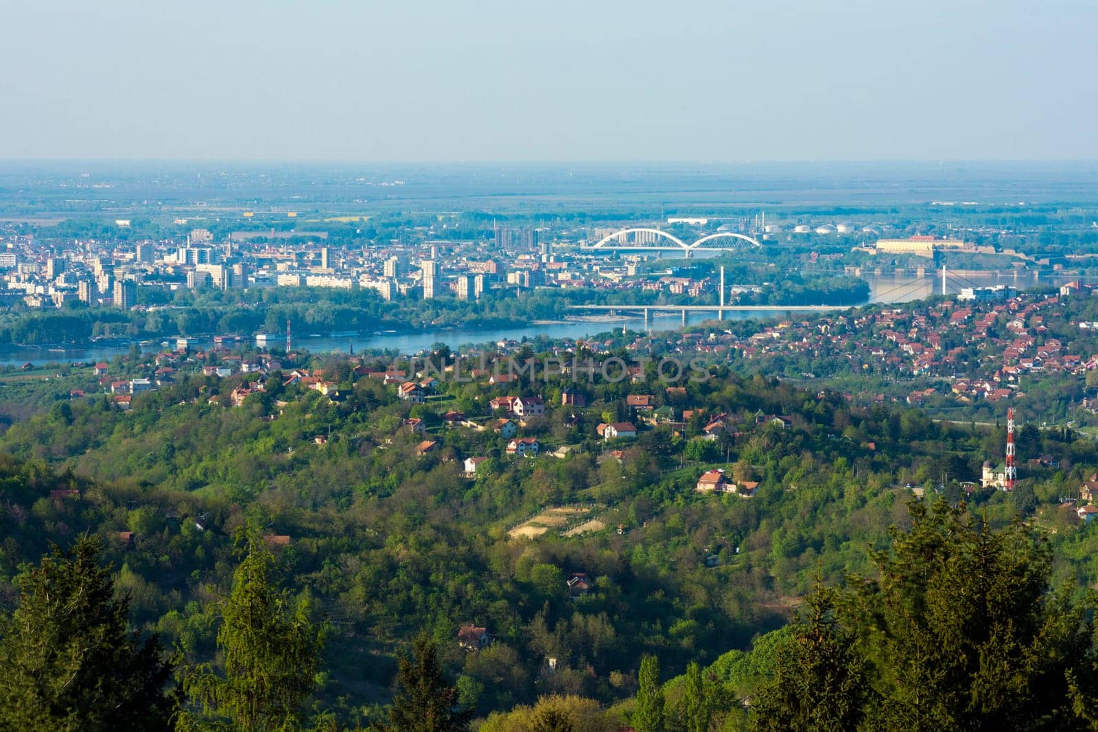 Landscape and cityscape of Novi Sad city from Fruska gora mount in Serbia.