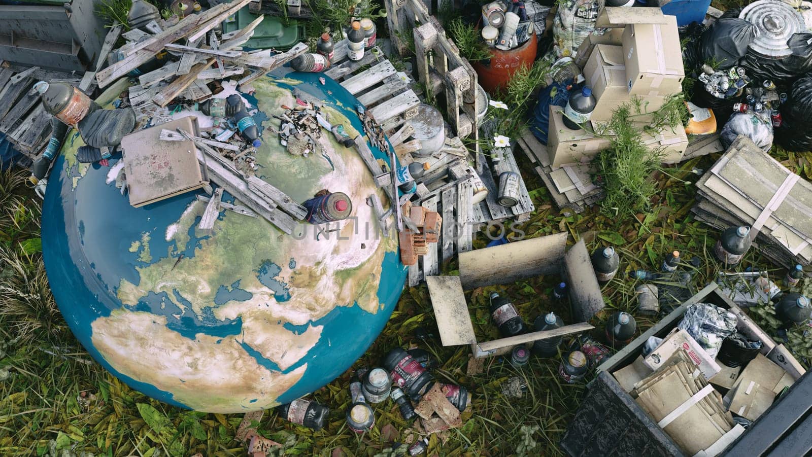Planet earth lies between garbage - Global catastrophe concept (greenhouse effect, global warming are destroying our planet) - 3D rendering