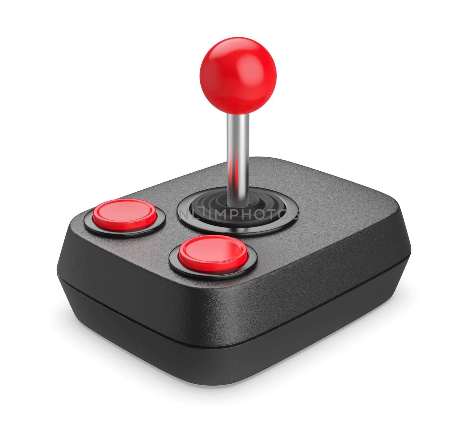 Black retro joystick with two buttons on white background