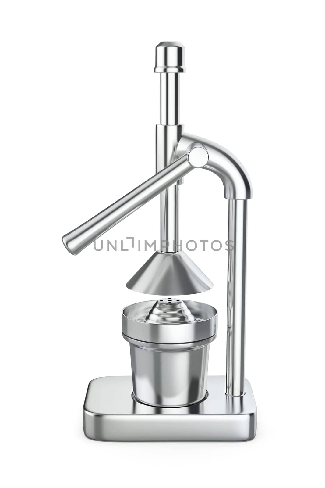 Side view of silver citrus juicer on white background