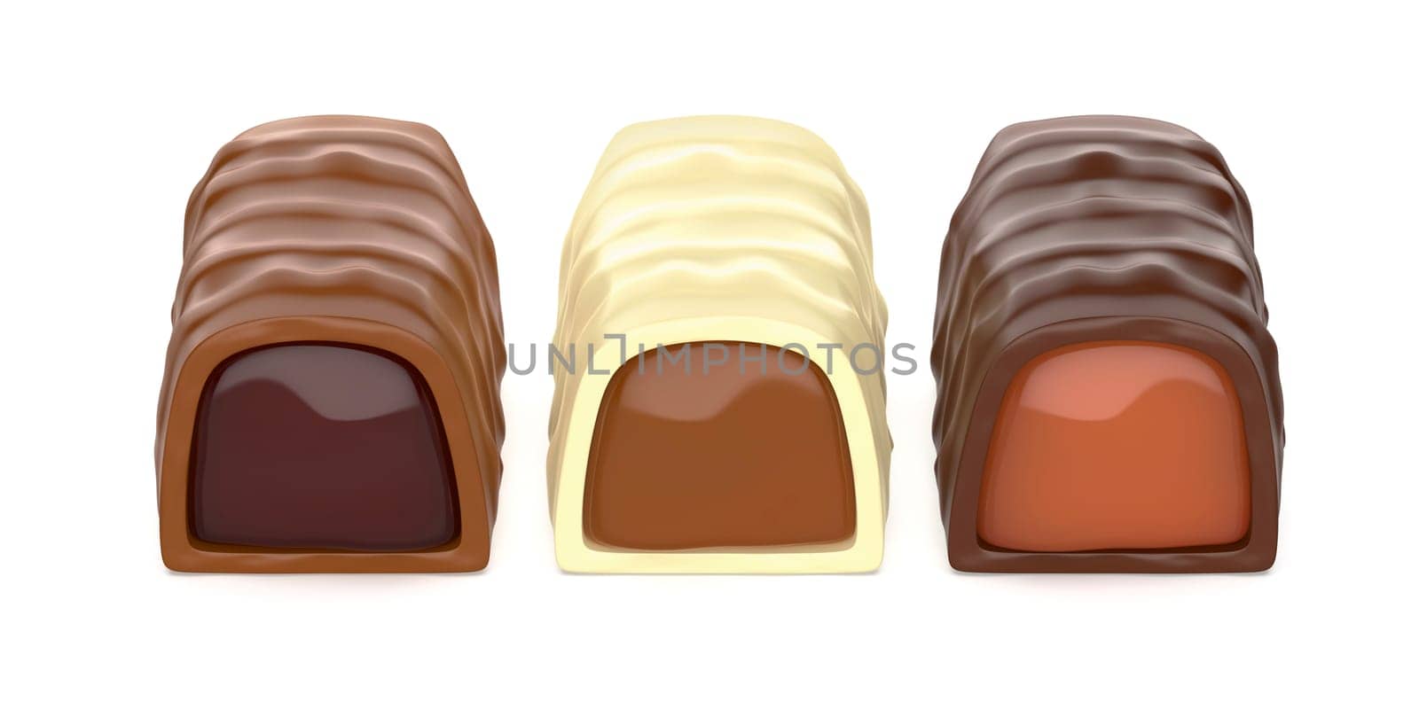 White, dark and milk chocolate bonbons with caramel, cherry and chocolate fillings inside