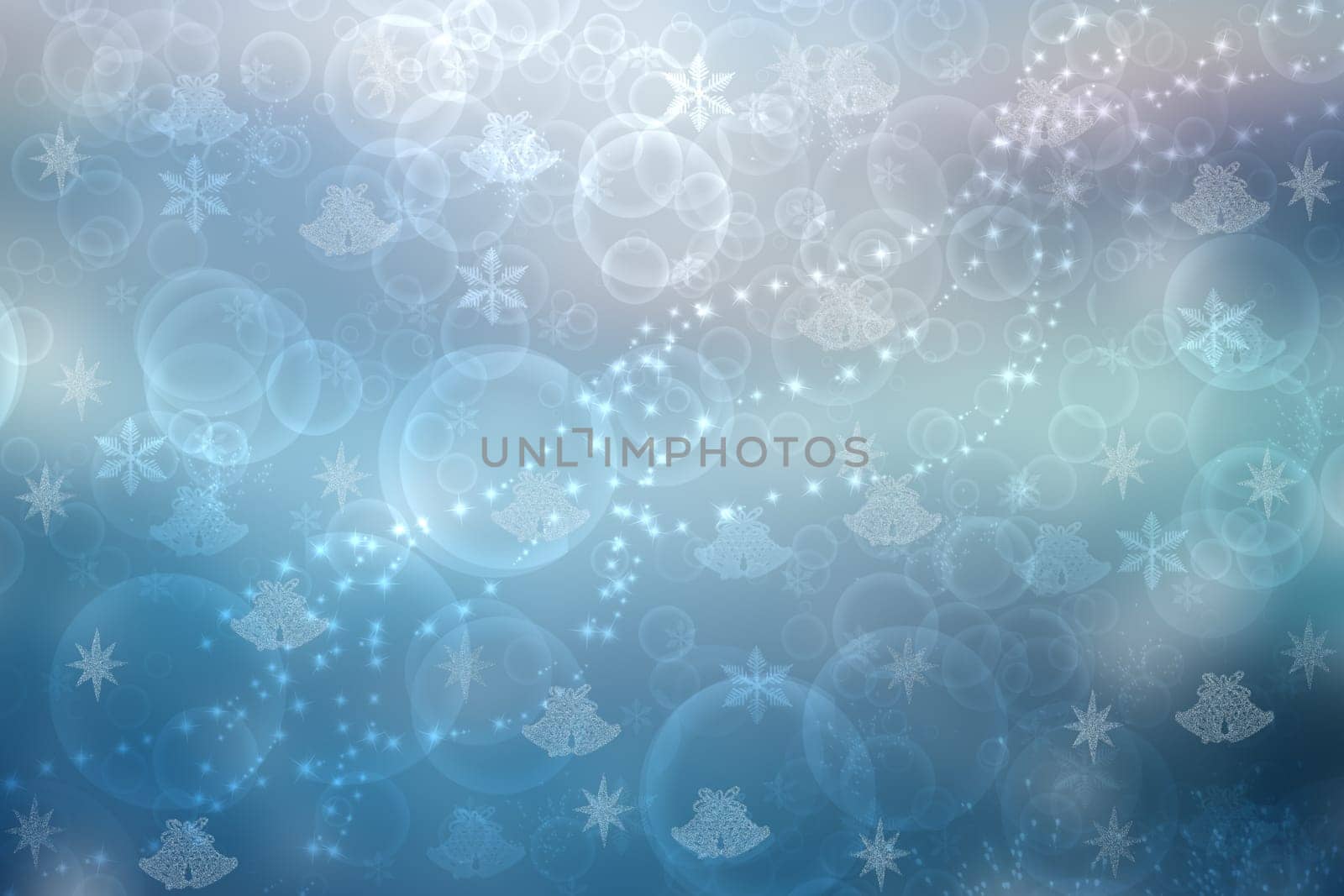 Abstract blurred festive light blue winter christmas or Happy New Year background texture with shiny blue and white bokeh lighted glittering snowflakes and stars. Space for your design. Card concept.