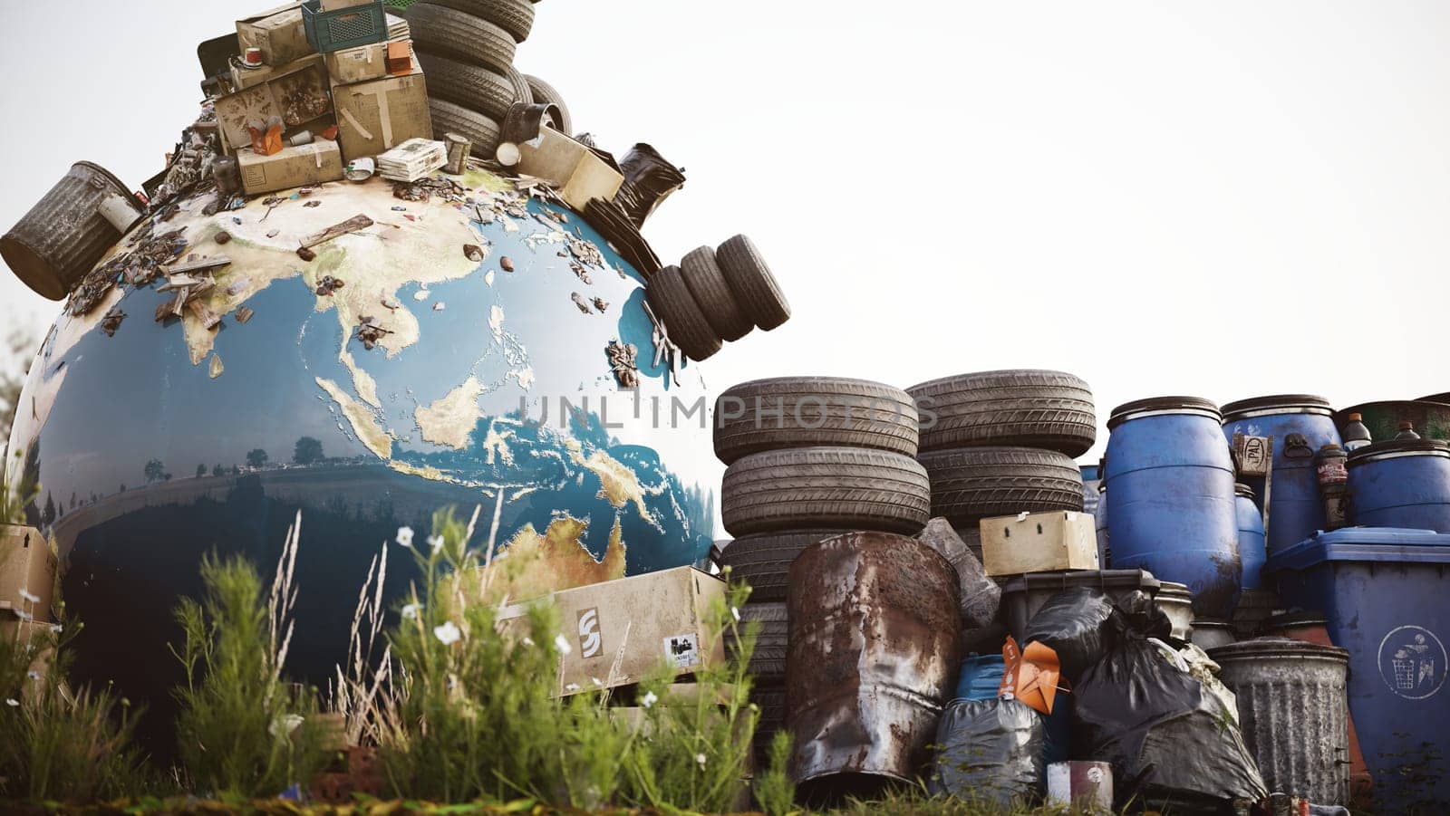 The world surrounded by garbage. Global catastrophe concept -- 3D Rendering
