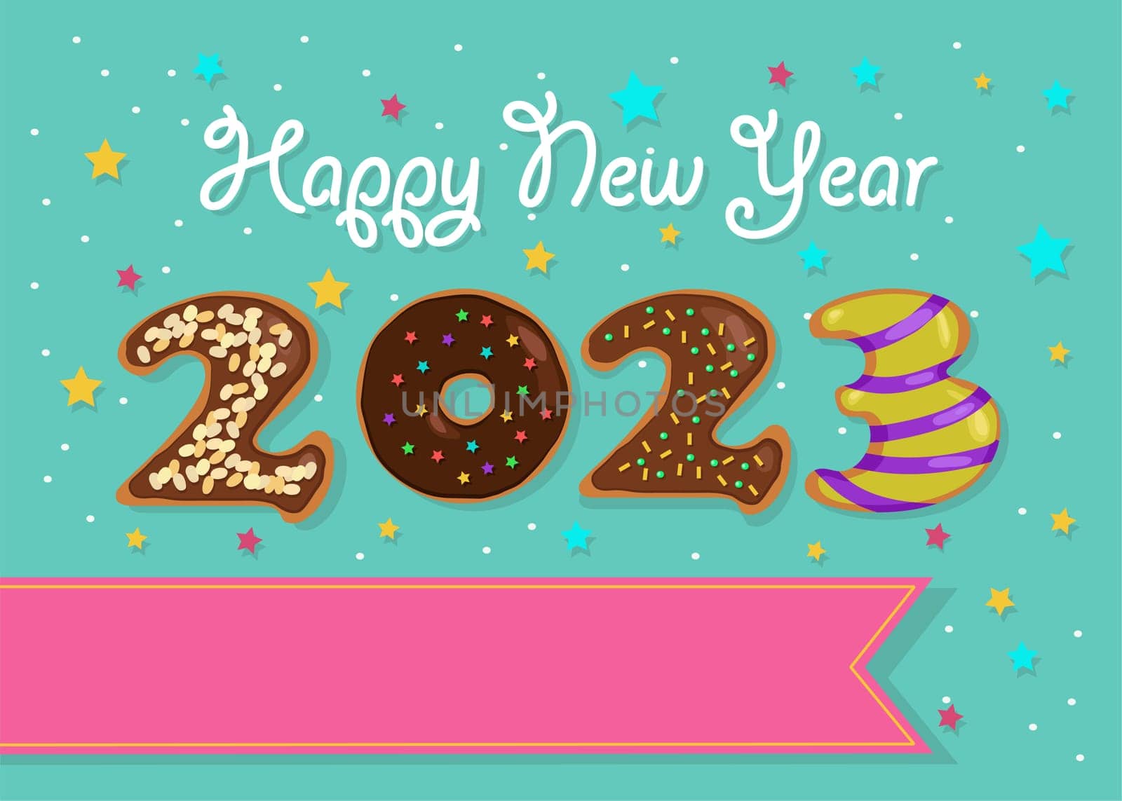 Colorful number 2023 as sweet donuts with cream and nuts decor. Green background with stars and confetti. Pink banner for custom text. Cream text - Happy New Year.