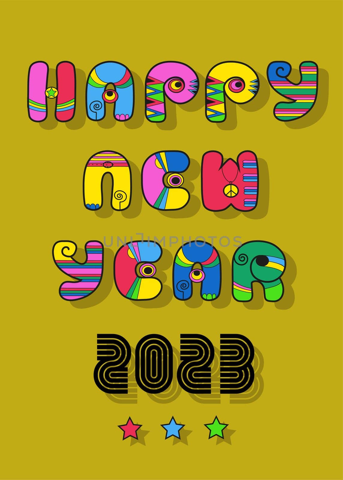 Disco cartoon inscription Happy New Year with colorful decor. Black retro number 2023. Yellow-green background