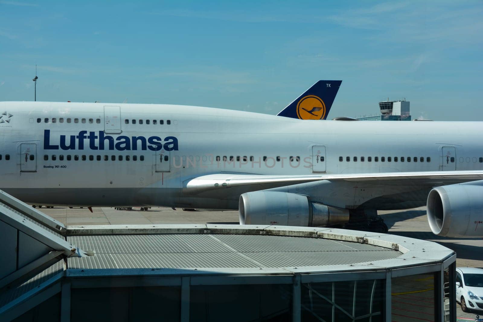 Frankfurt Airport Germany August 02, 2022 - Lufthansa machine is standing at the terminal waiting for passengers