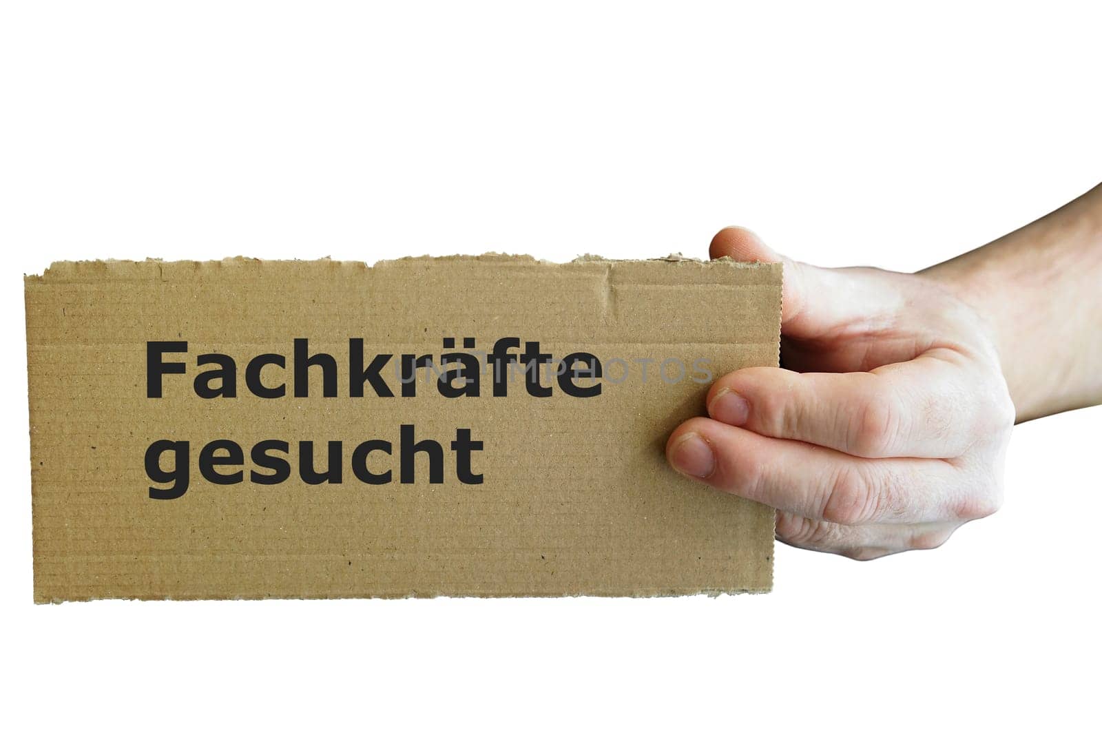 one hand holds a sign with german inscription Fachkrafte gesucht, with white background. Translation: Skilled workers wanted