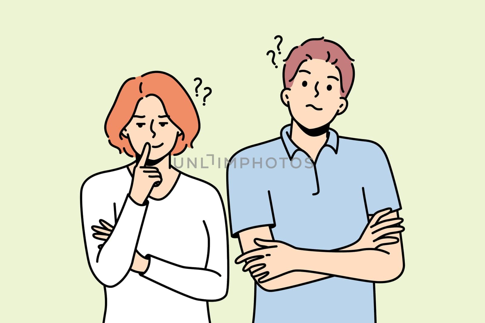 Young woman, man stand side by side in disbelief. Guy, girl do not understand, do not trust each other. Differences in worldview, culture, faith, behavior, education. Vector thin line illustration.