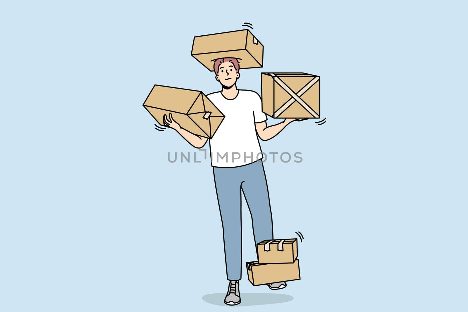 Courier carries cardboard boxes with goods on his arms, legs, head. Man delivers packed orders to customer. Guy arranges objects in house after move. Vector outline colorful isolated illustration.