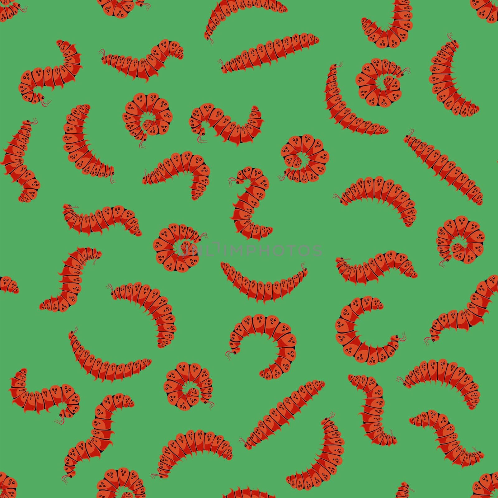 Red Cartoon Caterpillars Seamless Pattern Isolated on Green Background. Cute Summer Insects. Small Maggot Move. Butterfly Life Cycle.