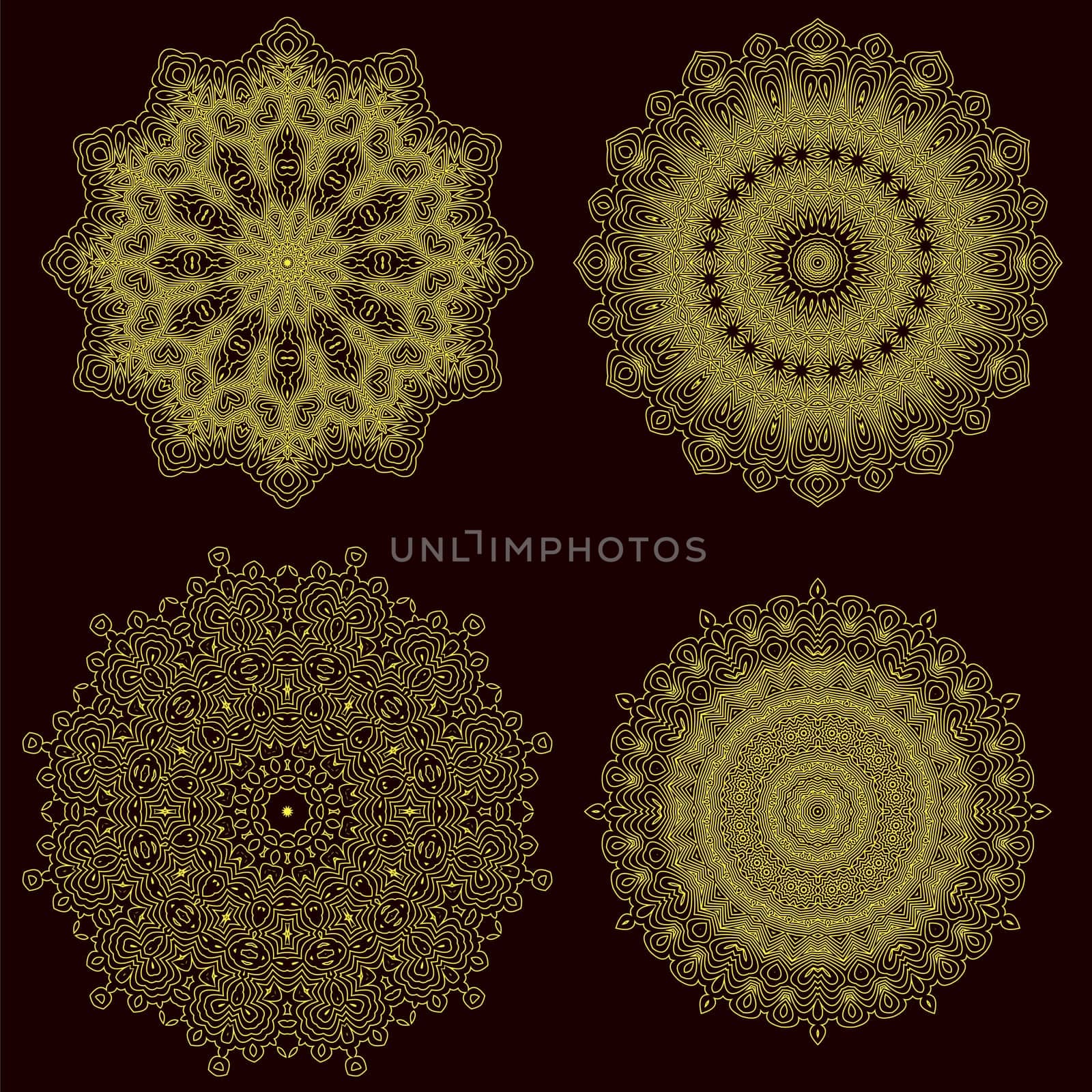 Set of Yellow Circle Geometric Ornaments. Guilloche Gold Rosettes Isolated. Ornamental Round Decor.