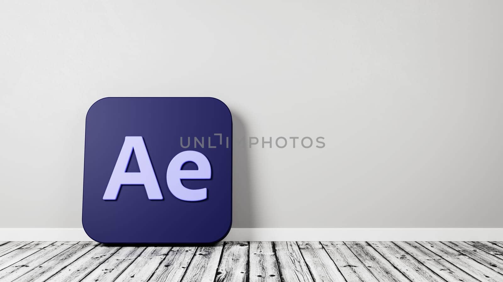 Adobe After Effects App Icon 3D Symbol Shape on Wooden Floor Against Gray Wall with Copy Space 3D Render Illustration