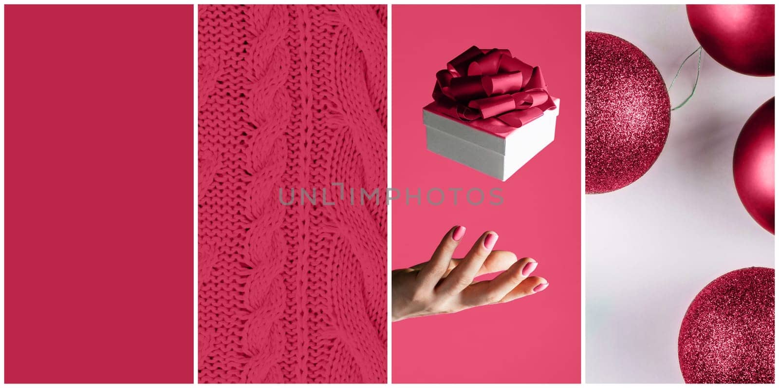 Color of the Year 2023 Viva Magenta. Collage palette on Christmas themes of three trendy carmine shade backgrounds. Knitted sweater, hand with gift, Christmas balls