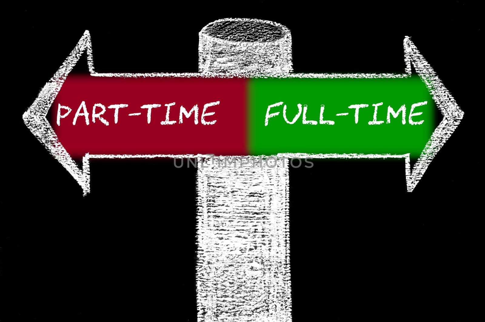 Opposite arrows with Part-Time versus Full-Time. Hand drawing with chalk on blackboard. Choice conceptual image