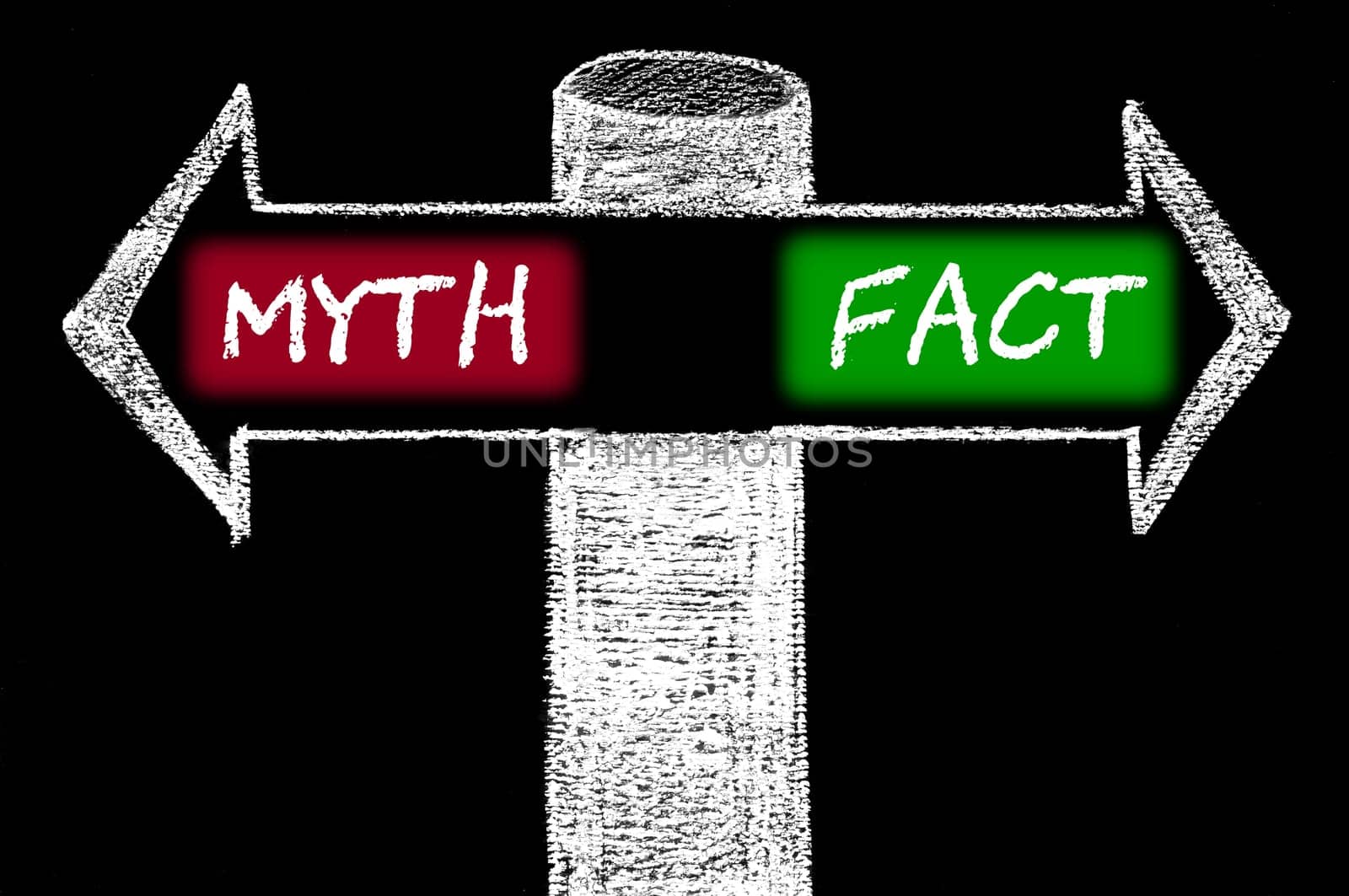 Opposite arrows with Myth versus Fact. Hand drawing with chalk on blackboard. Choice conceptual image