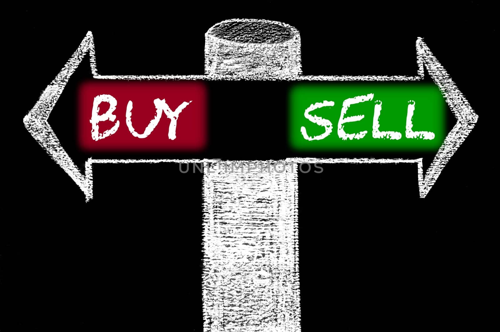 Opposite arrows with Buy versus Sell. Hand drawing with chalk on blackboard. Choice conceptual image
