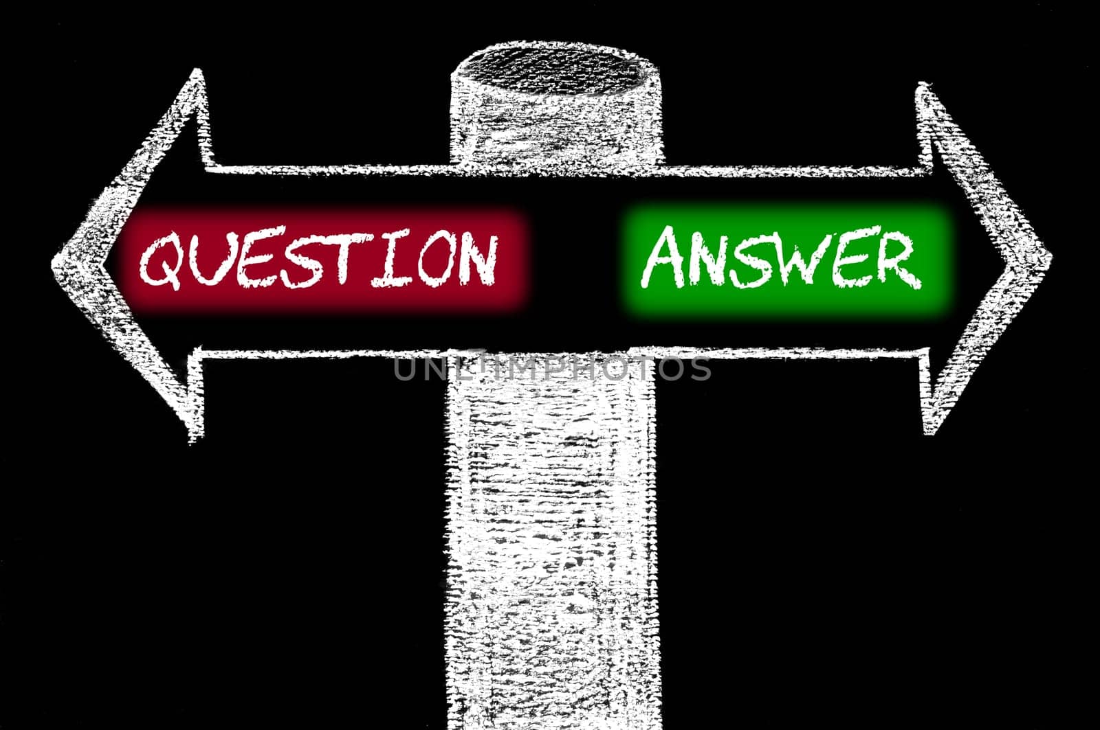 Opposite arrows with Question versus Answer. Hand drawing with chalk on blackboard. Choice conceptual image