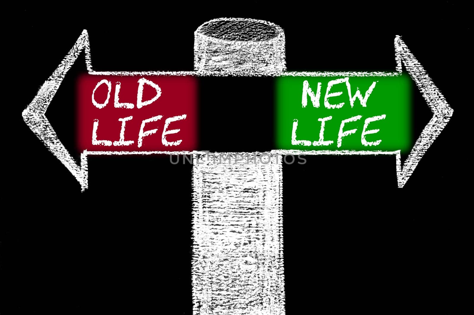 Opposite arrows with Old Life versus New Life. Hand drawing with chalk on blackboard. Choice conceptual image
