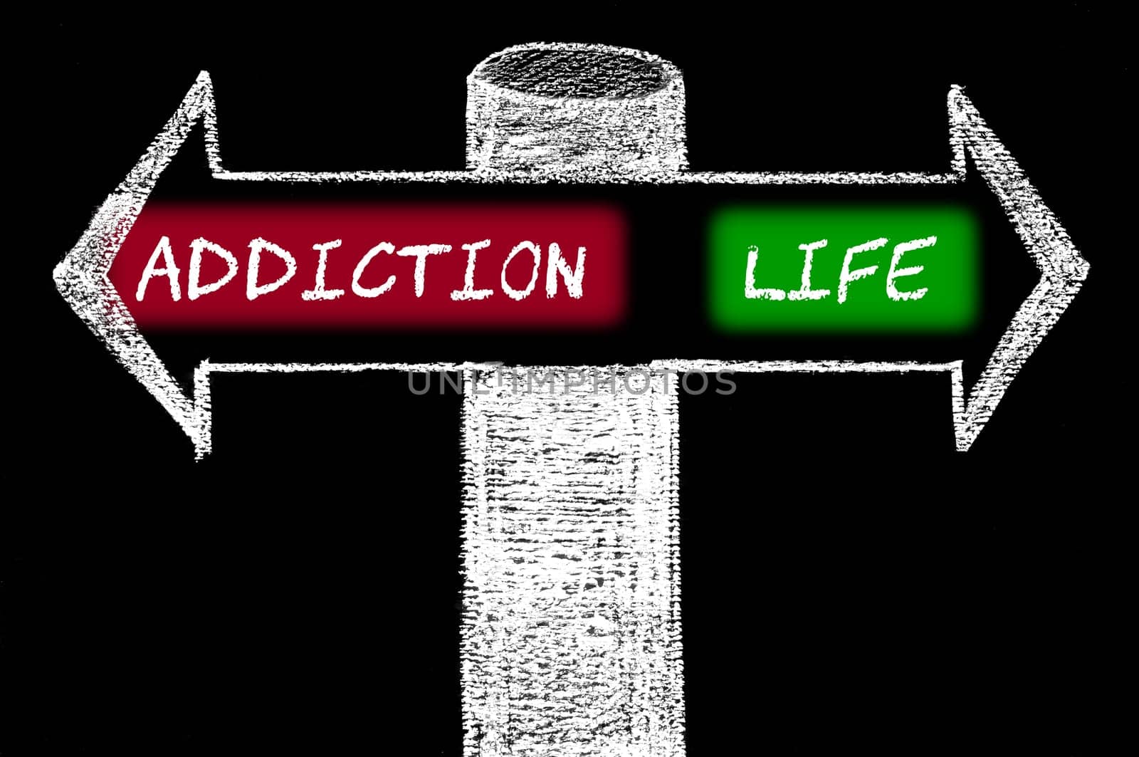 Opposite arrows with Addiction versus Life. Hand drawing with chalk on blackboard. Choice conceptual image