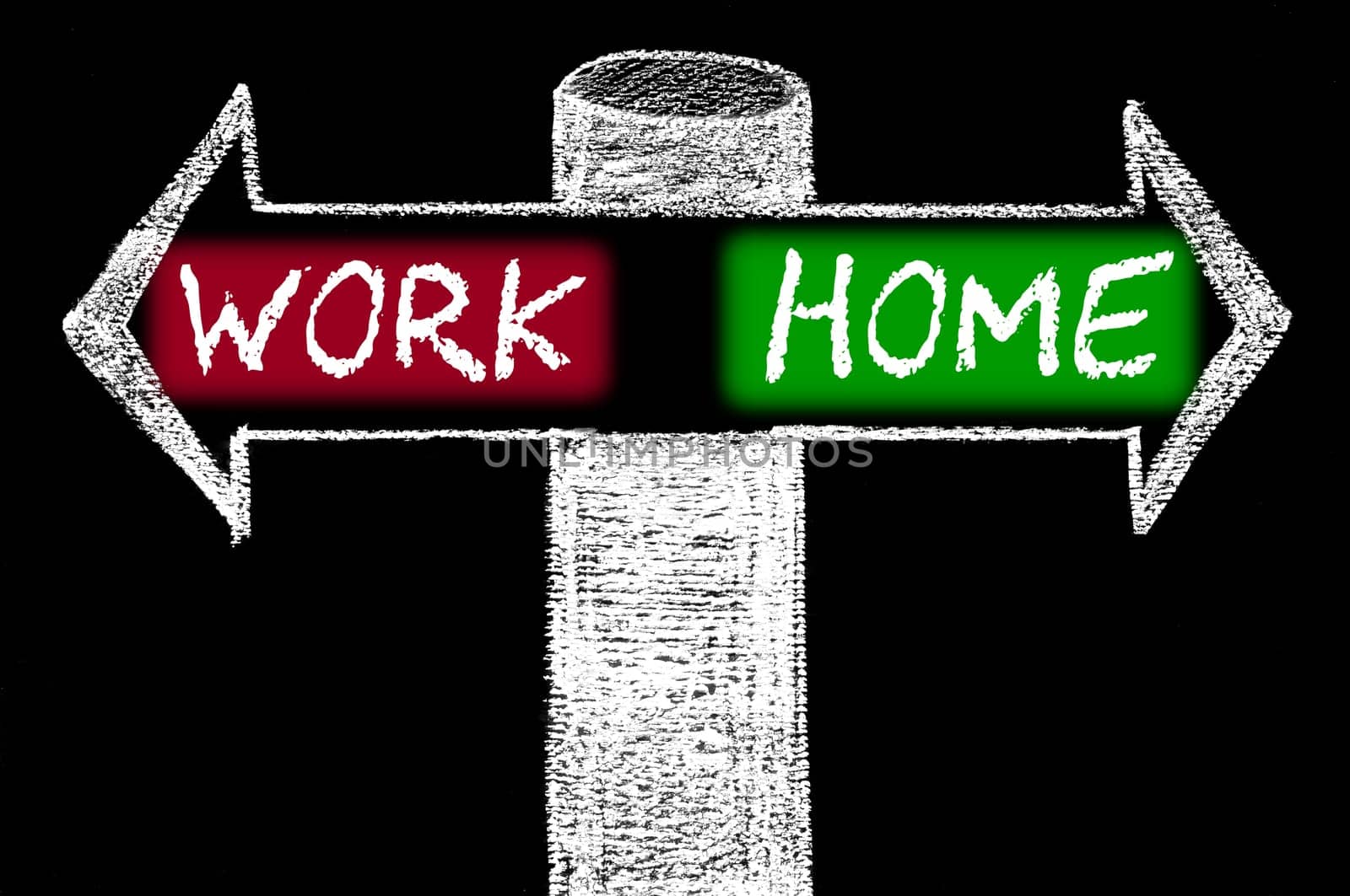 Opposite arrows with Work versus Home. Hand drawing with chalk on blackboard. Choice conceptual image