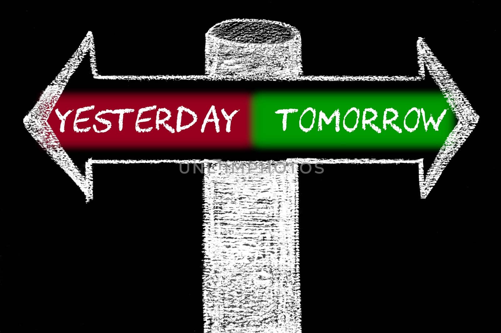 Opposite arrows with Yesterday versus Tomorrow. Hand drawing with chalk on blackboard. Choice conceptual image