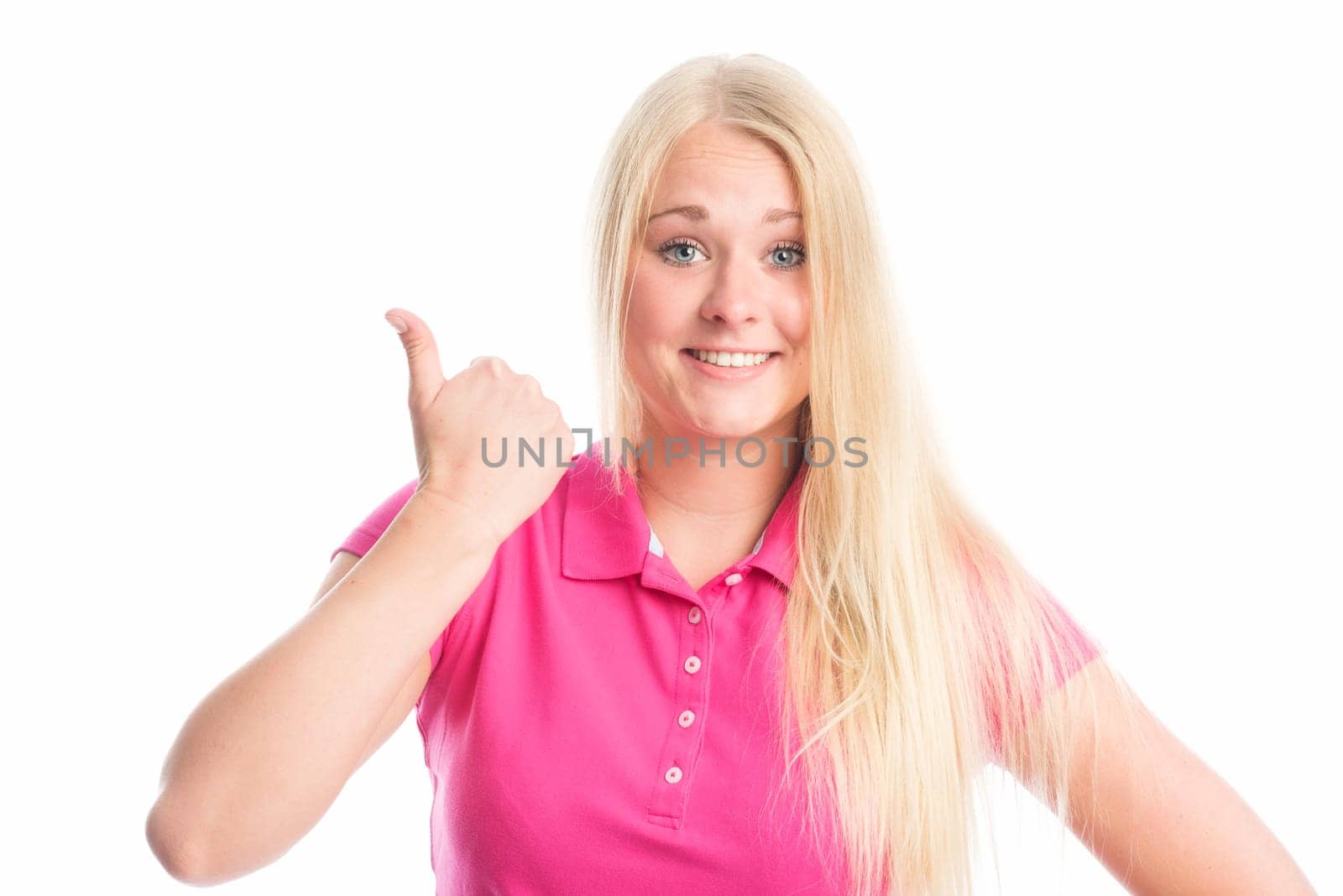 Young blonde woman's face shows thumbs up