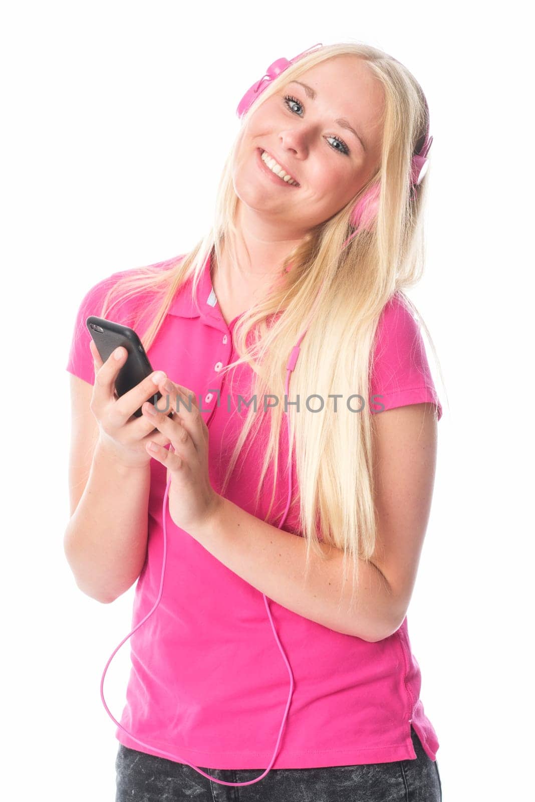 Girl with headphones listens to cool music