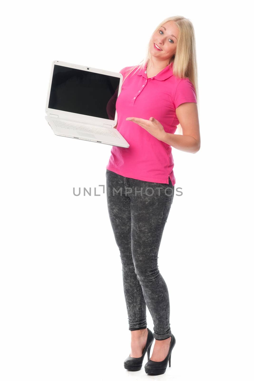 Woman on laptop holds a presentation