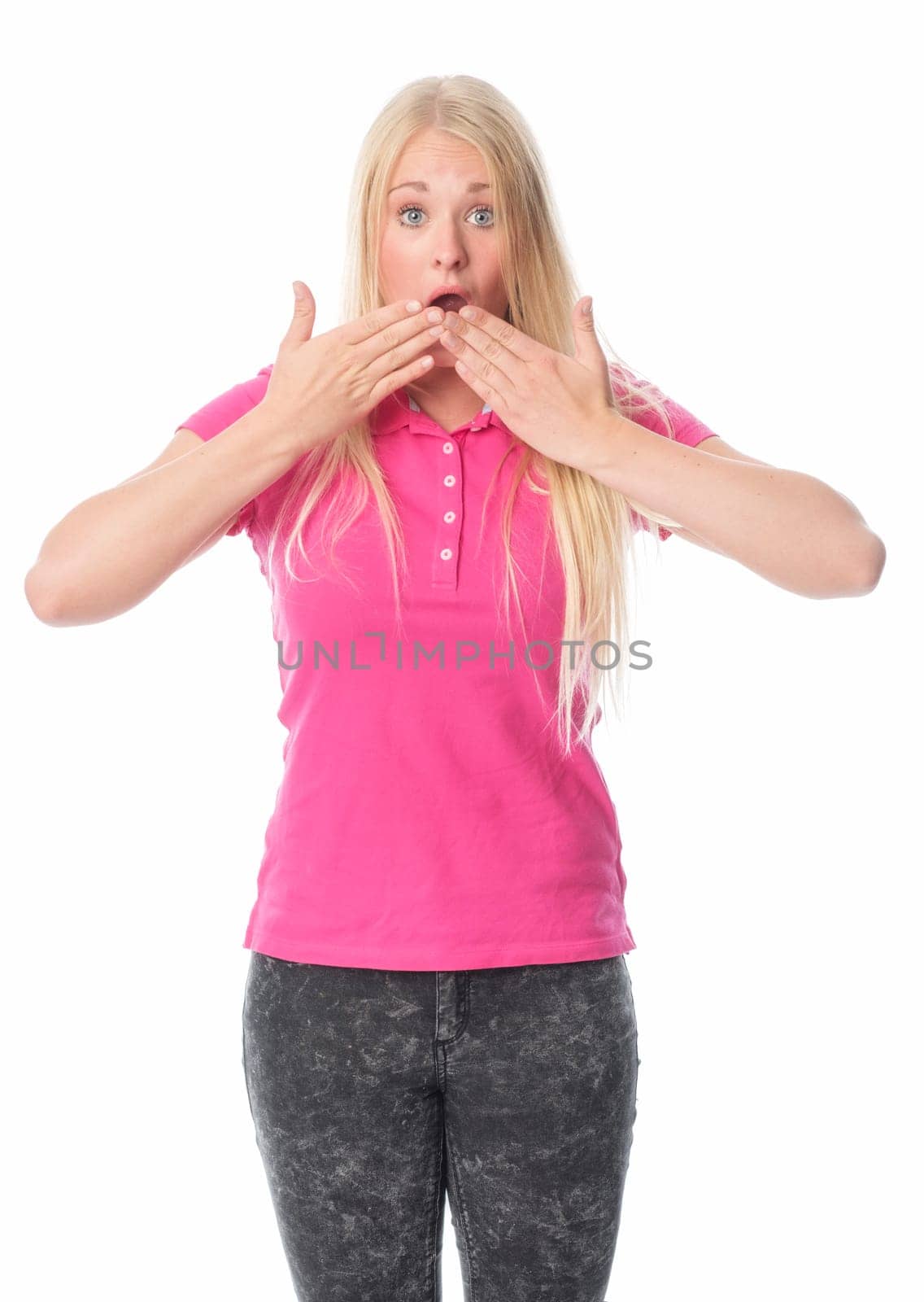 Young blonde woman is terrified