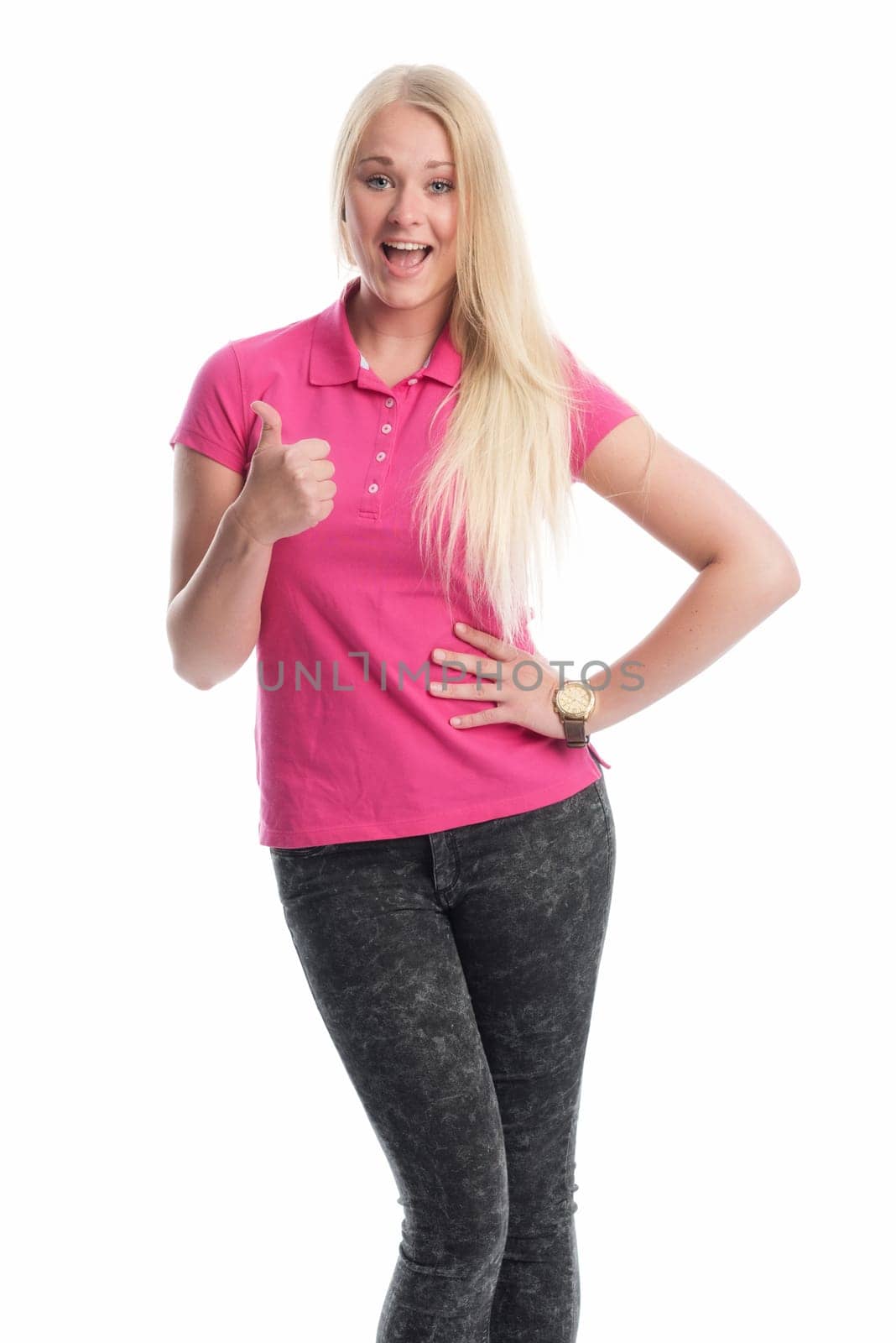 Young blonde woman is happy and shows thumbs up