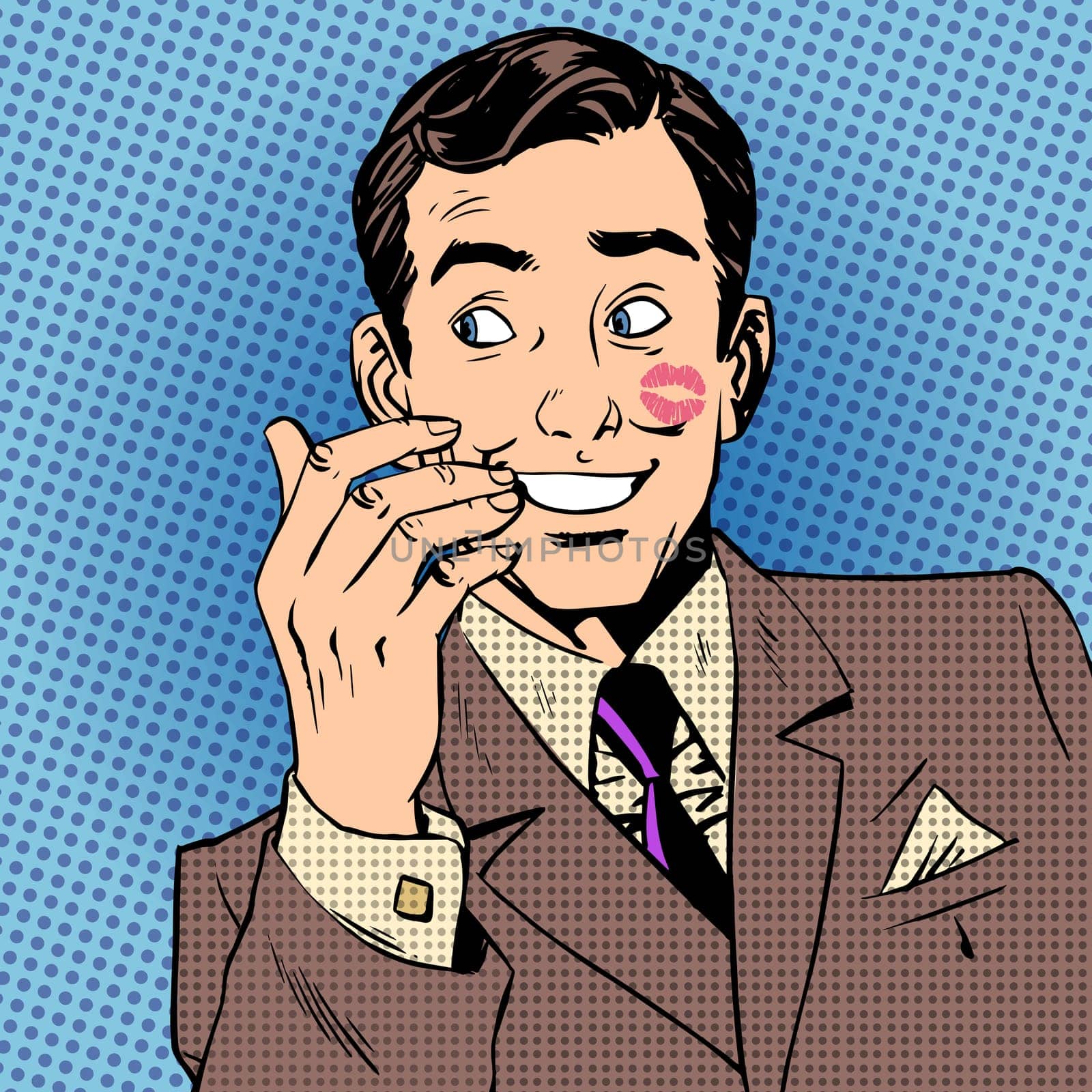 Playboy man with a kiss on the face with red lipstick Halftone style art pop retro vintage