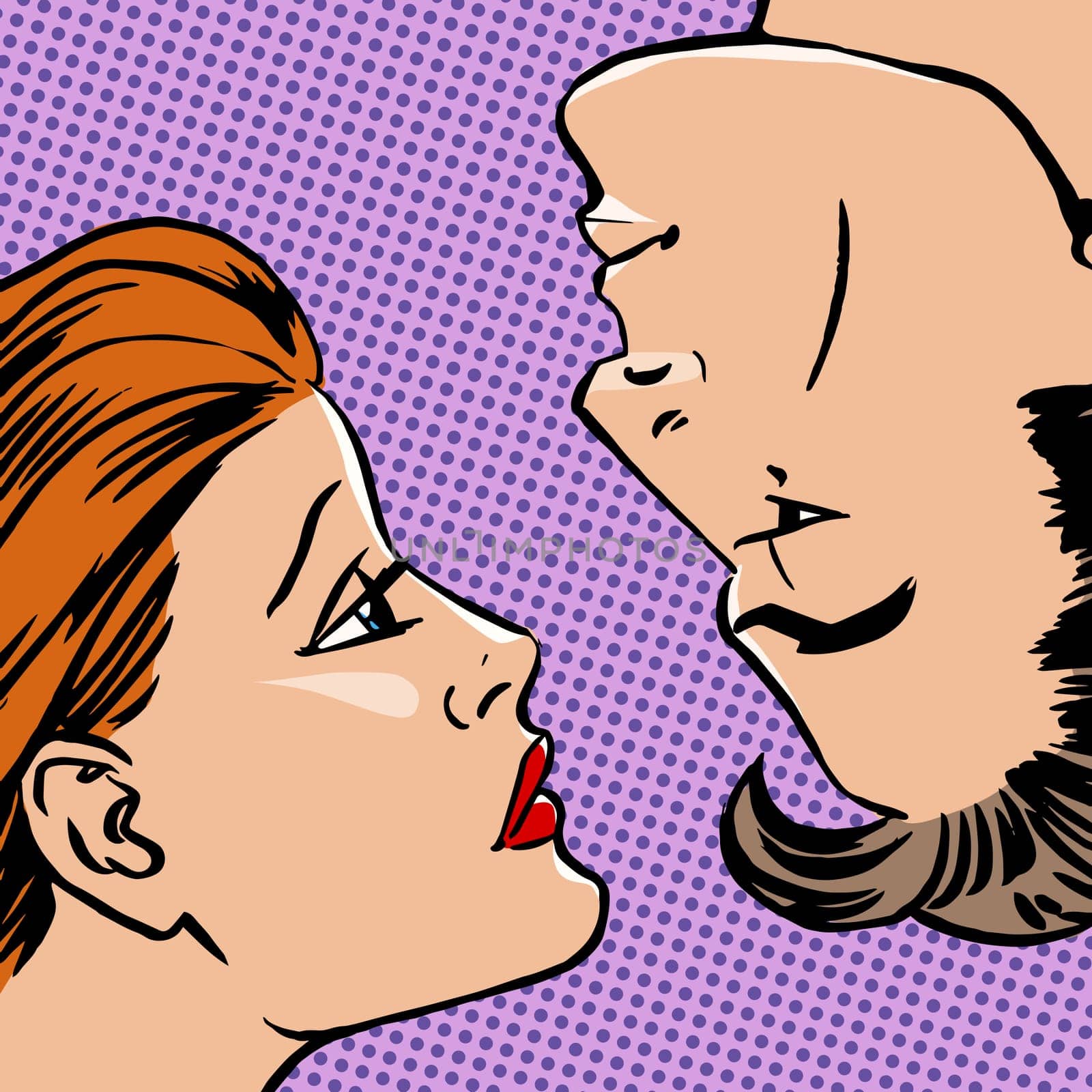 Girl and boy face to face the love of youth beauty Halftone style art pop retro vintage