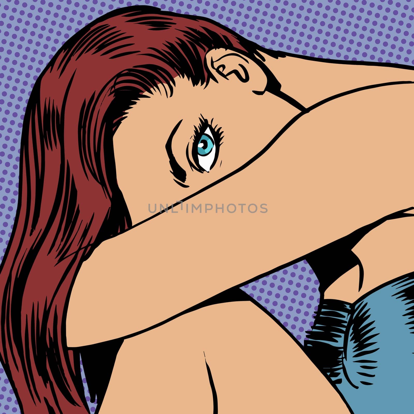 Beautiful girl with long hair gaze is intense beauty of youth Halftone style art pop retro vintage
