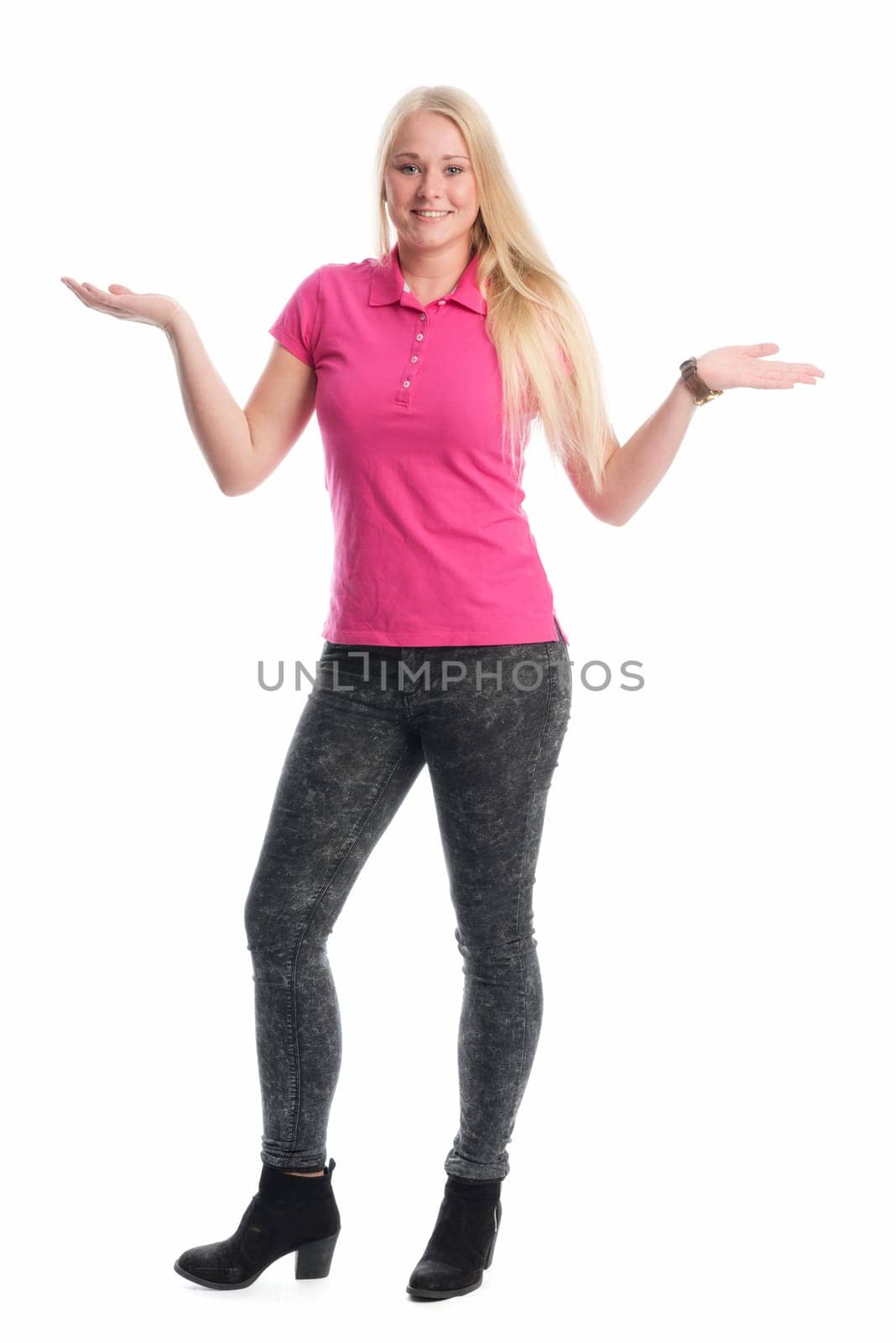 Blonde girl lifts her arms impatiently