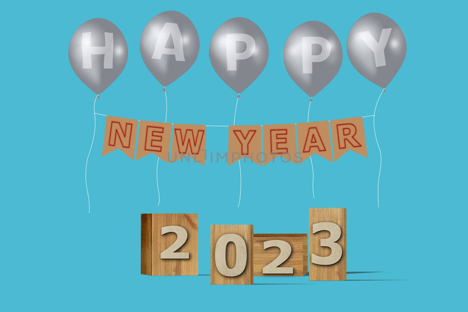 3D illustration New Year concept 2023 design with text on the wooden box and balloons on a blue atoll color background.
