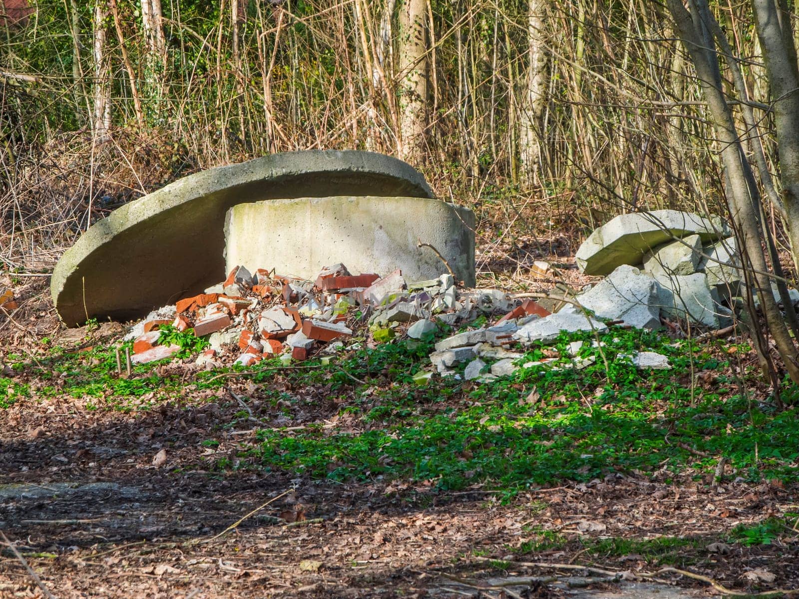 Rubble with a round concrete slab on a clearing in the forest in East Friesland in daylight.