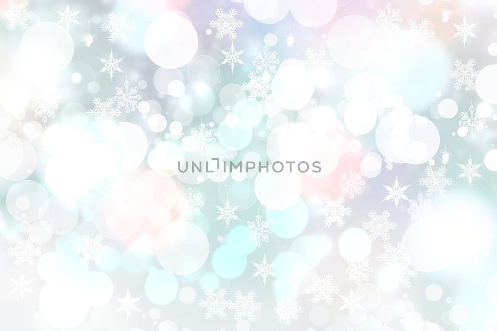 Abstract blurred festive delicate winter christmas or Happy New Year background texture with shiny light turquoise blue and bright bokeh lighted stars and snowflakes. Card concept.