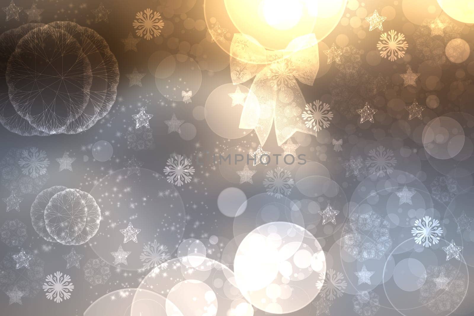 A festive abstract gradient gray silver yellow background texture with glitter defocused sparkle bokeh circles and stars. Card concept for Happy New Year, party invitation, valentine or other holidays.