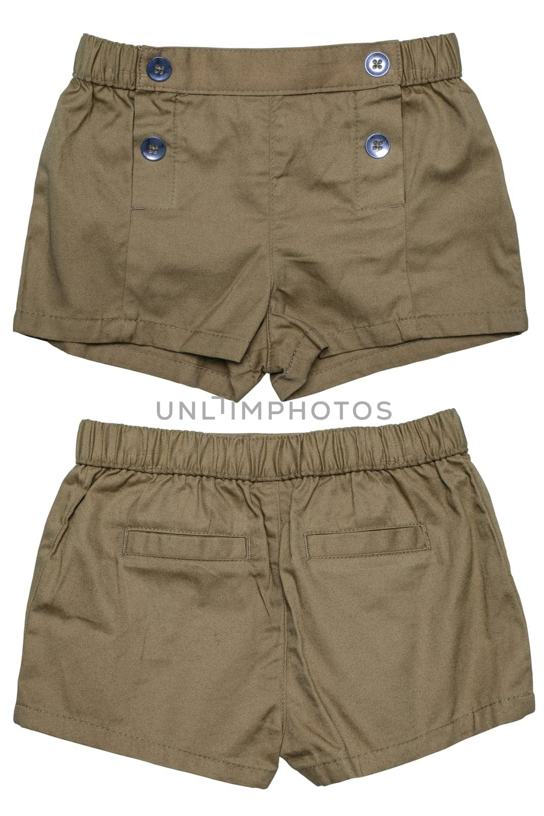 Set of an stylish fashionable brown short pants with with four fashionable buttons for the little girl isolated on a white background. Sexy kids fashion. Front and back view.