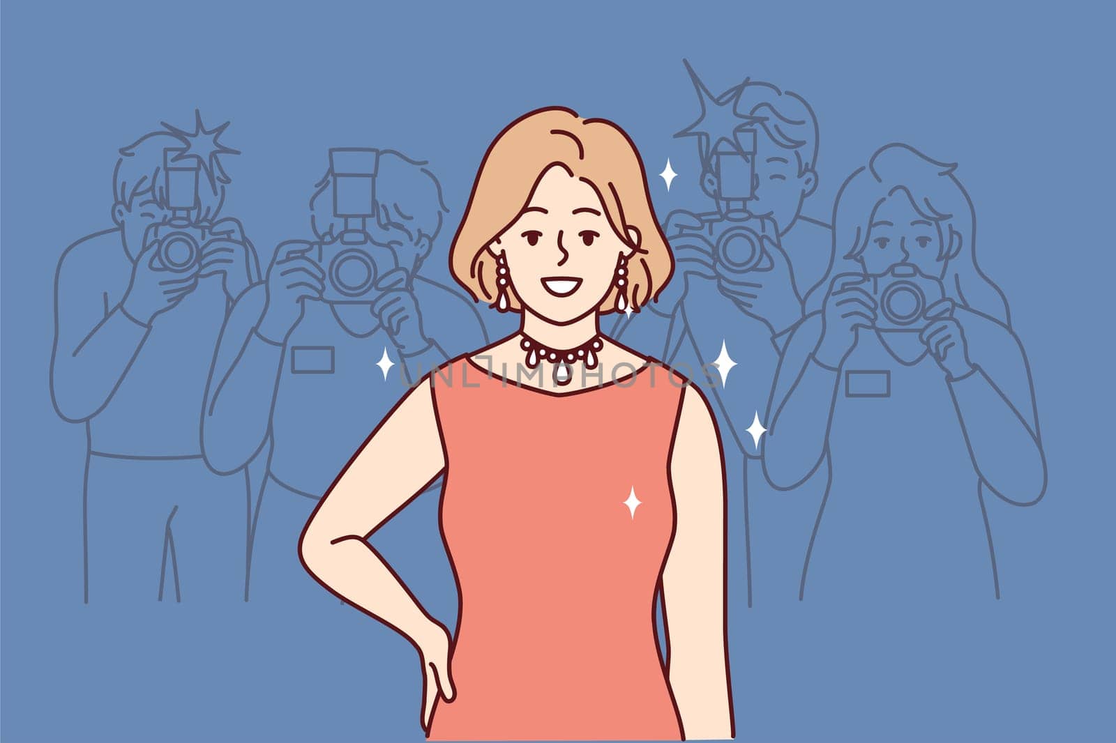 Smiling woman in evening dress posing for journalists during fashion show. Girl in beautiful necklace stands near photographers from fashion magazines and paparazzi. Flat vector illustration