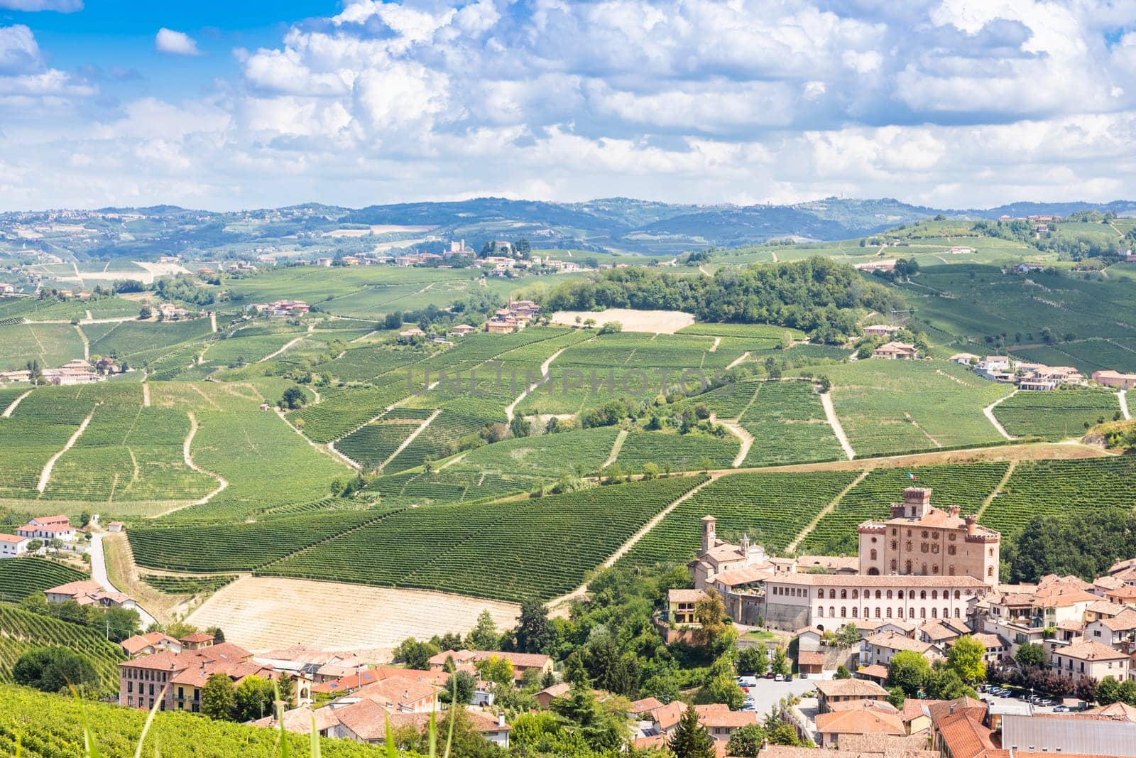 Panoramic countryside in Piedmont region, Italy. Scenic vineyard hill with the famous Barolo Castle and city.